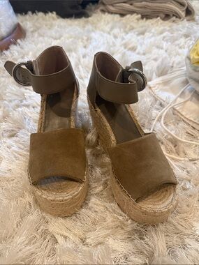 Women’s Tan Marc Fisher Espadrille Wedge Sandals with Ankle Strap